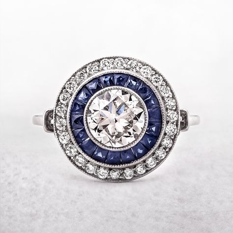 Bezel Set Art Deco Ring, Sapphire Target Ring, Art Deco Target Engagement Ring, Art Deco Target Ring, Art Deco Ring Sapphire, Art Deco Round Sapphire Jewelry, Art Deco Oval Sapphire Ring In Platinum, Luxury Art Deco Sapphire Ring With Single Cut Diamonds, Art Deco Sapphire Diamond Ring In Platinum