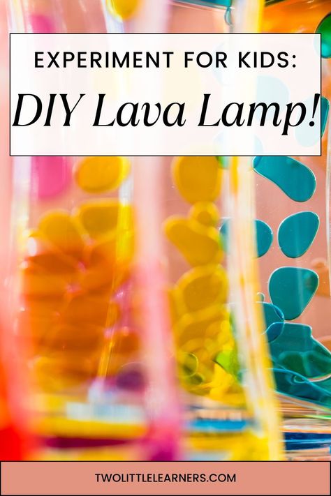 Read all about how to make a lava lamp experiment for kids. Find out how to make a DIY lava lamp for kids! This science experiment for kids is fun and simple! Read more about making a homemade lava lamp at twolittlelearners.com Kids Lava Lamp Experiment, How To Make A Lava Lamp In A Bottle, Lava Lamps Aesthetic, Homemade Science Experiments Kids, Easy Kid Science Experiments, Homemade Lava Lamp Kids, Light Energy Experiments For Kids, Diy Lava Lamp For Kids, Light Experiments For Kids