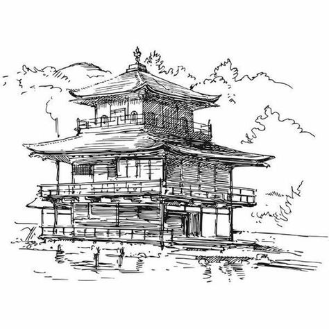 Japanese House Drawing, Japanese Architecture Drawings, Filler Art, Temple Building, Japan Temple, Architecture Drawing Sketchbooks, Drawing Poster, Building Sketch, Japanese Drawings