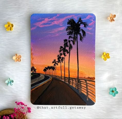 Acrylic Painting Canvas Sunset, Acrylic Colours Painting Ideas, Easy Canvas Painting Landscape, Canvas Panel Painting Ideas, Mini Nature Paintings, Sunset Canvas Painting Ideas, Acrylic Painting On Small Canvas, Aesthetic Sky Painting Acrylic, Acrylic Painting Inspiration Simple