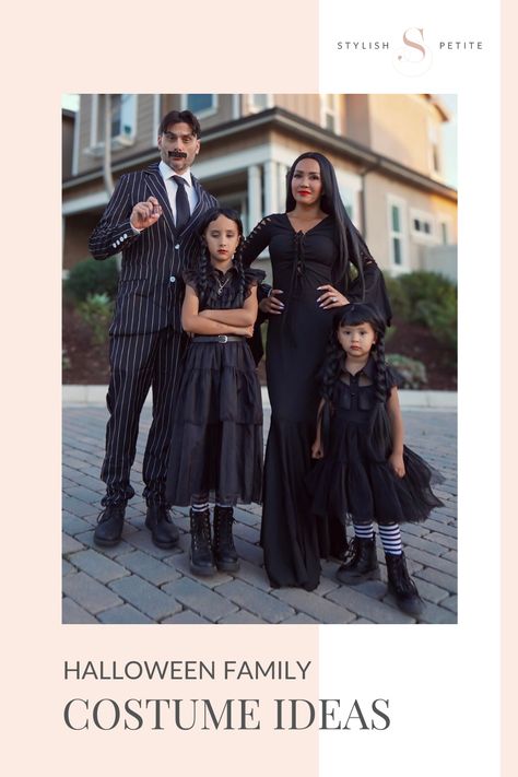 The Addams Family costume for mom, dad and 2 girls Men In Black Family Costume, Family Of Four Costumes Halloween, Halloween Family Of 4 Costumes, Family Costumes For Four, Family Of Four Halloween Costumes, Family Of 5 Halloween Costumes, Gomez Addams Costume, Addams Family Costume, Adams Family Costume