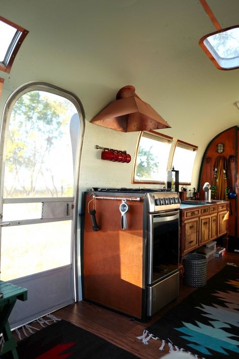 Airstream Bathroom, Trailer Kitchen, Airstream Restoration, Trailer Renovation, Airstream Living, Stove Hood, Airstream Bambi, Airstream Travel Trailers, Copper Hood