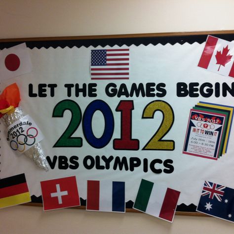 Let the Games Begin -- adaptable bulletin board for an Olympics theme. Olympic Bulletin Board, Vbs Olympics, Preschool Olympics, Olympics Decorations, Olympic Theme Party, Olympic Idea, Kids Olympics, Olympic Crafts, Olympic Theme