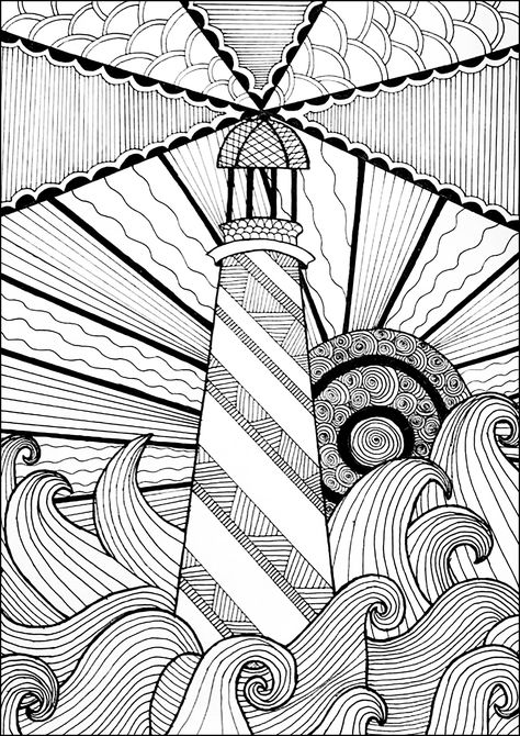 Magnificent lighthouse amid raging waves, Waves Coloring Pages, World Coloring Page, Draw Waves, Ancient Greece Mythology, Egypt Hieroglyphics, Mom Coloring Pages, Greece Mythology, Tibet Art, Pop Art Tattoos