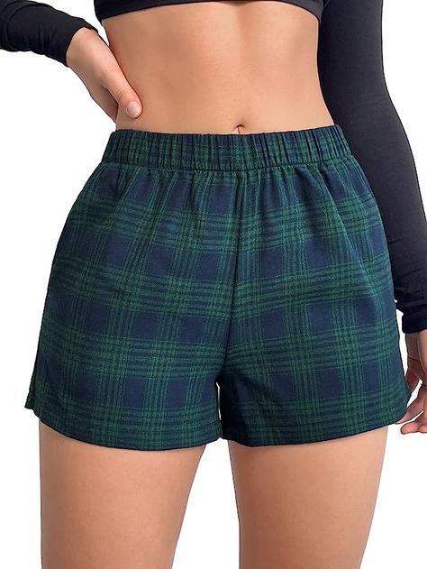 MakeMeChic Women's Elastic Waisted Plaid Shorts Lounge Pajama Shorts Multi1 M at Amazon Women’s Clothing store Green Preppy, Wide Leg Shorts, Women Bottoms, Pocket Shorts, How To Hem Pants, Plaid Shorts, Really Cute Outfits, Teenage Fashion Outfits, Pajama Shorts