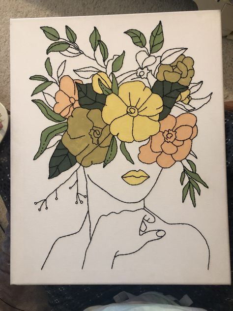 Flowers Drawing On Canvas, Line Art In Canvas, 16x20 Canvas Painting Ideas Easy, Flower Painting With Black Outline, Outline Flower Painting, Self Love Acrylic Painting, Black Outline Painting, Painting Outline Ideas, Simple Line Paintings