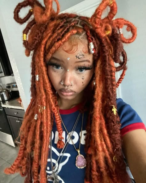 Orange faux locs Orange Faux Locs, Orange Dreads, Orange Hair Color Ideas, Orange Hair Color, Hair Color Orange, Y2k Hairstyles, Beautiful Black Hair, Box Braids Hairstyles For Black Women, Cute Braided Hairstyles