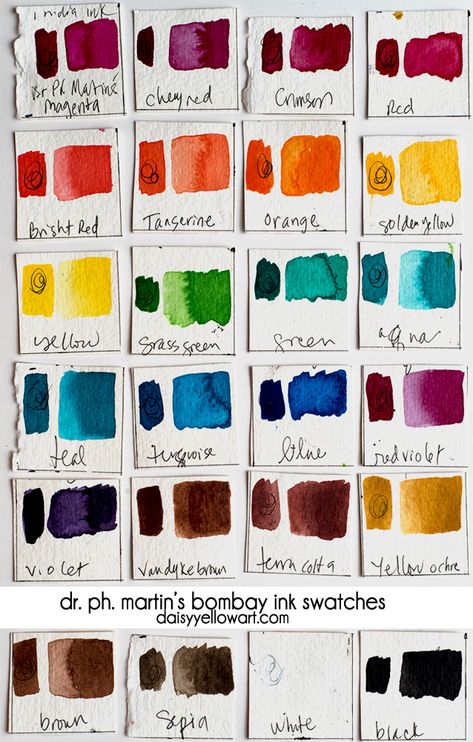 Review + color chart swatches; Dr. Ph. Martin's Bombay india inks. https://daisyyellowart.com #drphmartins #indiaink #swatch #colorchart Color Ink Drawing, Ink Swatch Ideas, Dr Ph Martin India Ink Art, Dr Ph Martin Bombay Ink, Watercolour Experiments Sketchbook, Watercolor Swatch Book, Distress Ink Swatches, India Ink, Art Pens