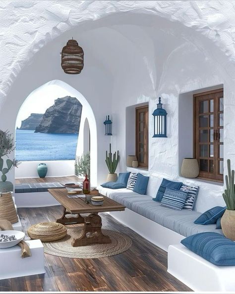 Santorini Living Room Design, Santorini Living Room, Greek Beach House, Santorini House, Beach House Interior Design, Mediterranean House, Greek House, Beach House Interior, Mediterranean Homes