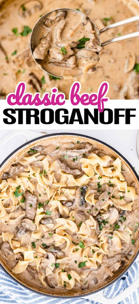 Beef Stroganoff With Peas, Stroganoff Beef Tips, Beef Stroganoff With Steak Strips, Beef Stroganoff Cubed Steak, Beef Stroganoff Beef Tips, Sour Cream Beef Stroganoff, Damn Delicious Beef Stroganoff, Been Stroganoff Recipe, Cube Steak Beef Stroganoff