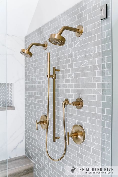 Master Shower Plumbing Fixtures, Gold Shower Fixtures Master Bath, Aged Brass Bathroom Fixtures, Gold Faucets Bathroom, Double Shower Head Master Baths, Gold Shower Fixtures, Shower Plumbing Fixtures, Master Shower Tile, Brass Bathroom Fixtures