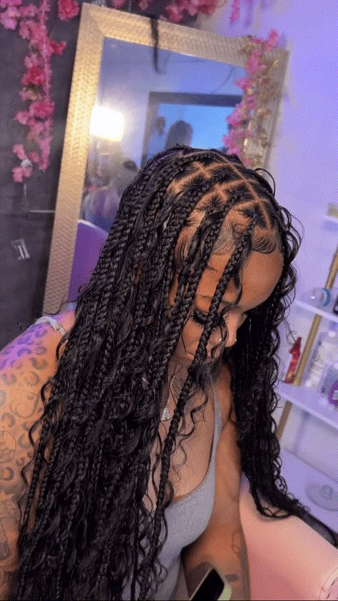 80 Trendy Boho Knotless Braids Hairstyles & How To Style Ideas - Black Beauty Bombshells Bck 2 School Hairstyles Braids, Boho Knotless With Bow, Bohoieam Braids, Black Hair Ideas Braids, Hairstyles For Long Hair Braids Black, Boho Braids With Edges, Medium Sized Boho Knotless Braids, Boho Brown Hair, Boho Medium Braids