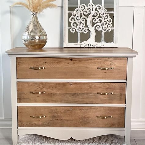 AVAILABLE || Reveal day is here!! A whole lot of sanding along with a little stain/paint has transformed this vintage dresser into a functional and stylish piece. 🥰 This solid wood dresser was fabricated by the Beach Furniture Co. (1908-1958). Creamy taupe paint (Chateau by Fusion) and natural wood combine for a modern and stylish design. Perfect for a nursery, bedroom or entryway. Tap Blog link in bio for more decor and design inspo Sand And Restain Dresser, Cream And Wood Dresser, Two Tone Wood Dresser, Sanded Dresser, Two Tone Dresser Makeover, 2 Tone Dresser, Cherry Wood Dresser, Dark Wood Dresser, Country Dresser