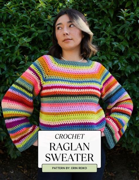 Crochet Raglan Sweater Pattern Free, Cute Crochet Sweaters, Crochet Crop Sweater Pattern, Crochet Rainbow Sweater, Raglan Sweater Crochet, Easy Crochet Sweater Pattern Free, Raglan Crochet Sweater, Simple Crochet Sweater, Colorful Crochet Sweater