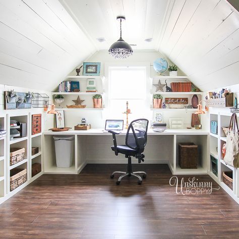 Amazing Office/Craft Room Organization in the Attic - look at all those cubbies under the kneewall! #hobbylobbystyle #ad Craft Room Attic, Ideas For Craft Room, Room Attic, Attic Makeover, Attic Office, Attic Renovation Ideas, Attic Playroom, Small Attic, Attic Design