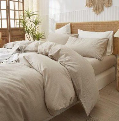 Give your bedroom an instant refresh with this three-piece duvet cover set. Woven from a machine-washable cotton blend, the duvet cover + pair of pillowcases showcase an understated solid hue that mixes easily with your existing decor. Four corner ties + a zippered closure hold your duvet insert (sold separately) securely in place. Color: Beige, Size: Twin Duvet Cover + 1 Standard Pillowcase AllModern Kylie Duvet Cover Set in Beige | Size Twin Du Sand Duvet Cover, Khaki Duvet Cover, Beige Duvet Cover Color Schemes, Comfy Duvet Cover, Neutral Duvet Cover, Non White Bedding, Tan Bedding Aesthetic, Oatmeal Bedding Ideas, Tan Comforter Bedroom