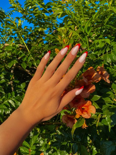 White Nails With Red French Tip, Red France Nails, Red French Nails Design, White Red Nails, Red French Nails, French Nails Design, Red French Manicure, Red Tips, Nail Decals Diy