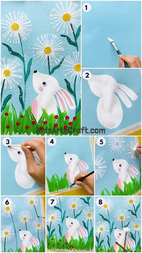 Spring Kids Painting, Spring Painting For Kids, Easter Art For Kids, Spring Art For Kids, Spring Flower Painting, Fluid Bear, Bunny Flower, Flower Paint, Spring Art Projects