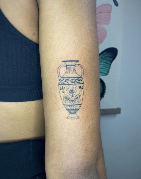 Greek Vase Tattoo Simple, Porcelain Vase Tattoo, Ancient Vase Tattoo, Ancient Greek Vase Tattoo, Italian Vase Tattoo, Vase Tattoo Fine Line, Greek Amphora Tattoo, Grecian Vase Tattoo, Jars Of Clay Tattoo