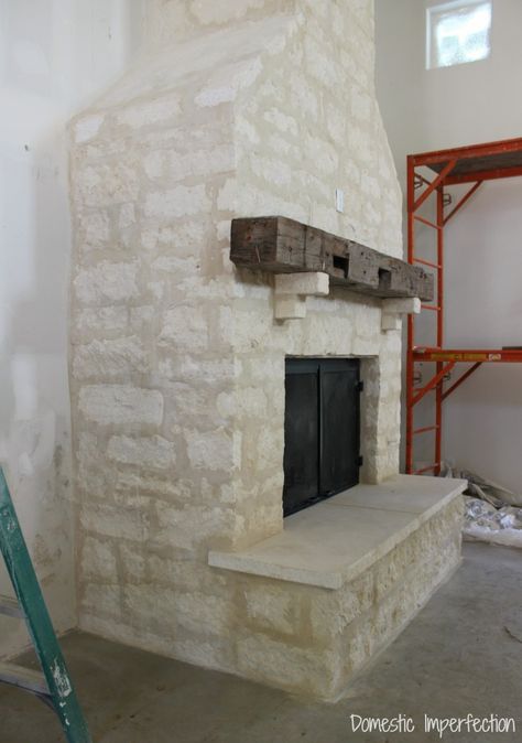 Interior Limestone - Domestic Imperfection Calacatta Vivo Quartz, Stone Fireplace Vaulted Ceiling, Austin Stone Fireplace, Limewash Stone, Limestone Interior, Large Stone Fireplace, Black Brick Fireplace, Simple Fireplace, Stone Fireplace Mantel