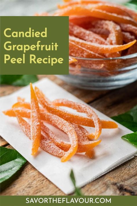 Transform bitter grapefruit peels into a sweet snack with this easy candied grapefruit peel recipe. This candied peel is great on its own as a healthy snack or used in baking. Reduce food waste by preserving the peels as a candy! Candied Citrus Peel, Candied Orange Peel Recipe, Orange Peel Recipe, Candied Fruit Recipes, Candied Citrus, Jello Salads, Lemon Juice Benefits, Strawberry Scones, Lemon Health Benefits