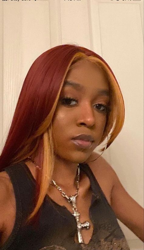 Brown And Red Skunk Stripe, Black Woman Hair Dye, Ginger Hair With Bangs Black Women, Ginger Hair With Blonde Streak Black Women, Red And Ginger Hair Black Women, Black Women Hair Dye Ideas, Red And Honey Blonde Hair Color, Two Color Hair Dye Ideas Black Women, Brown And Ginger Braids