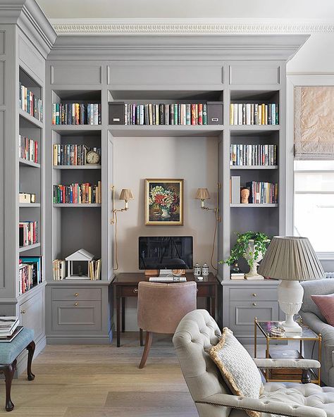 Home Office Decorating Ideas For Women Book Shelves, Bookcases Built In, White Built In Office, Master Closet Cabinet Ideas, Grey Built In Bookshelves, Fitted Bookcase Wall, Corner Bookshelves With Desk, Built In Bookshelves With Desk Office, Open Concept Library