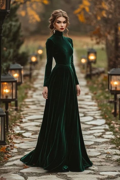 50+ Long Wedding Guest Dresses for Fall - Elegant Gowns That Complement the Season - From The Guest Room Green Winter Wedding Dress, Dark Green Long Sleeve Bridesmaid Dress, Long Sleeve High Neck Dress Formal, Dark Green Formal Outfit For Women, A Line Formal Dress Classy, Velvet Evening Gown Long Sleeve, Velvet Dark Green Dress, Long Sleeve Green Wedding Dress, Winter Gown Dress