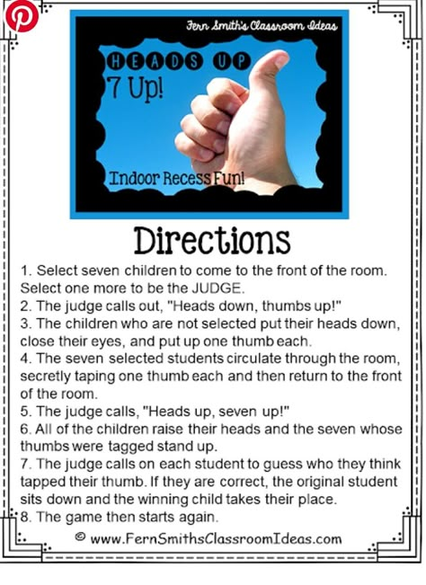 Heads Up 7 Up Game, Heads Up Seven Up, Heads Up 7 Up, Games Like Heads Up 7 Up, Inside Recess Ideas, Indoor Recess Ideas Elementary, Indoor Classroom Games, Kindergarten Games Indoor Classroom, Indoor Recess Ideas