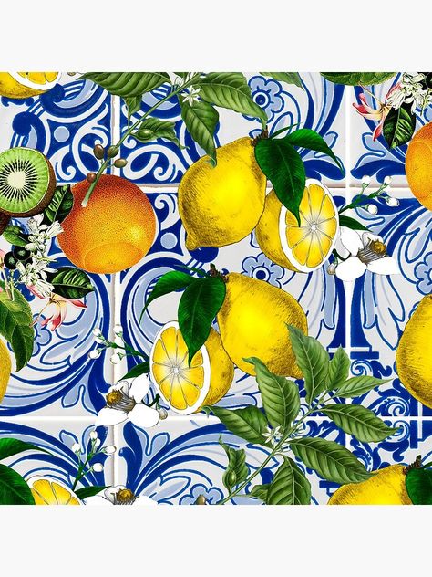 "Mediterranean Lemon on Blue Ceramic Tiles" Throw Pillow by kapotka | Redbubble Mediterranean Blue And Orange, Mediterranean Ceramics, Lemon Prints, Mediterranean Print, Lemon Artwork, Mediterranean Pattern, Lemon Wallpaper, Mediterranean Tiles, Mediterranean Art