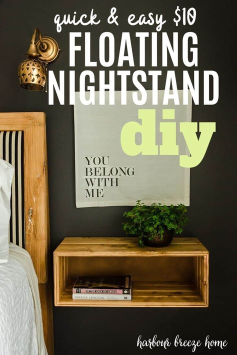 Use this quick and easy step-by-step plan to build your own simple and stylish floating nightstands. It's the perfect solution for a small bedroom. Using inexpensive tongue and groove pine, it's a modern touch to a farmhouse boho bedroom. Paint or stain it in your preferred colors. Diy Bedside Shelf Nightstand Ideas, Shelf For Nightstand, Diy Wall Mount Nightstand, Diy Boho Nightstand Bedside Tables, Wall Hanging Nightstand, Diy Boho Nightstand, Wall Nightstand Ideas, Homemade Nightstand, Townhome Upgrades