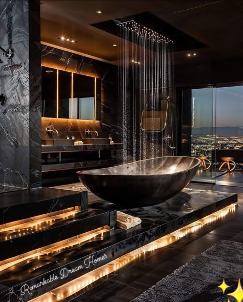 Dream Bathrooms Luxury Modern Black, Luxury Spa Bathroom Ideas, Big Bathtub For Two, Glam Bathroom Decor Luxury, Modern House Bathroom, Giant Bathtub, Modern Mansion Bathroom, Dream House Bathroom, Luxury Bath Tub