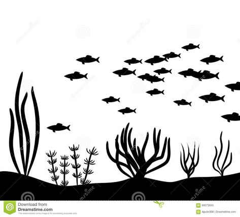 Seaweed At The Bottom Of The Sea And School Fish Vector Silhouette Stock Vector - Illustration of ocean, silhouette: 89073045 Bottom Of The Sea Drawing, Draw Underwater, Ocean Silhouette, Small Fish Tattoos, Sea Drawing, Bottom Of The Sea, Fish Silhouette, Fish Vector, Vector Silhouette