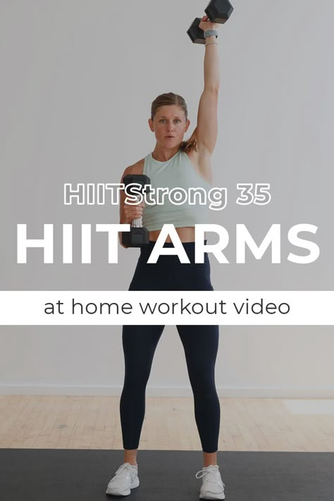 A HIIT workout to target the upper body and arms! Raise your heart rate while building muscle in your arms, shoulders, biceps, triceps, back, chest AND core with this at home HIIT arm workout. This circuit-style upper body HIIT workout is all about the ARMS (with some bonus abs and core too). Pairing dumbbell arm excises with with cardio tabata intervals to build upper body strength and burn calories. Build muscular and cardio endurance with these 12 dumbbell arm HIIT exercises at home! Arm Hiit Workout, Hit Upper Body Workout, Arm Cardio Workout, 30 Min Arm Workout, Arm Hit Workout, Hiit Arms And Abs Workout, Hitt Workout Arm, Lightweight Arm Workout, Dumbell Arm Workout Women Build Muscle