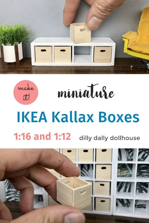 Tutorial - DIY wooden boxes to fit 1:12 and 1:16 miniature IKEA Kallax Dolls House Miniatures Diy, Miniature Ikea Furniture, 1:12 Furniture, Miniature Box Diy, Barbie Miniatures Diy, Diy For Dolls, Miniature Doll House Diy, Doll Miniatures Diy, Making Miniature Furniture