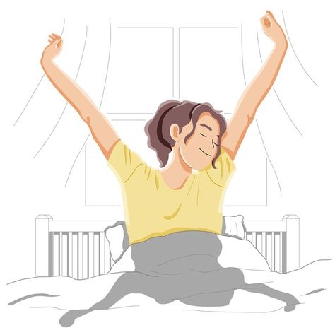 Wake up, fresh, new day, bedroom concept | Premium Vector #Freepik #vector #woman #character #cartoon #illustration Someone Waking Up Drawing, Wake Up Illustration Mornings, Person Waking Up Drawing, Bedroom Illustration Art, Waking Up Cartoon, Wake Up Cartoon, Waking Up Drawing, Wake Up Illustration, Relaxing Illustration