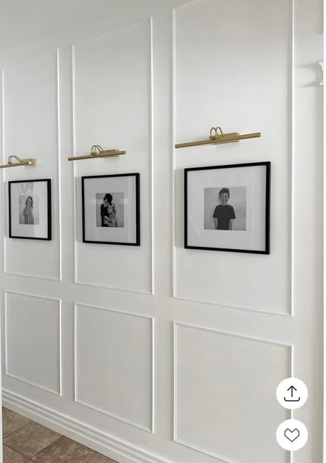 Picture Wall Panelling, Modern Picture Wall Ideas, Lighting Over Picture Wall, Wall Panelling With Lights, Office Moulding, Accent Wall With Pictures, Hall Wall Design, Picture Frame Molding On Walls, Gold Picture Light