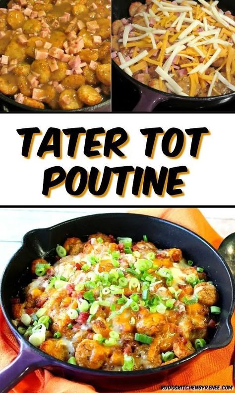 Appetizer Potatoes, Tater Tot Poutine, Poutine Recipes, Meat Gravy, Easy Tater Tots, Poutine Recipe, Chicken Casserole Dinners, Tater Tot Recipes, French Canadian