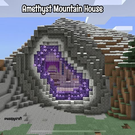 Mystical Houses Minecraft, Minecraft Geode House, Minecraft Crystal House, Minecraft Houses Mountain Side, Minecraft Geode Build, Amethyst Builds Minecraft, Minecraft Houses In Mountains, Mountain Minecraft Houses, Crystal Minecraft