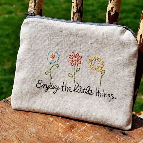 Find this Pin and more on Stitchery. Zipper Pouch Free Pattern, Tea Towels Embroidery, Home Cottage, Bag Pattern Free, Towel Embroidery, Sewing Purses, Enjoy The Little Things, Embroidery Patterns Free, Sewing Gifts