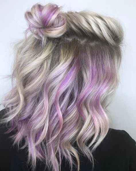 Trending Hair Dye, Rainbow Balayage, Purple Underneath Hair, Lavender Hair Color Ideas, Purple Peekaboo Hair, Hair Color Ideas Trendy, Purple Highlights Blonde Hair, Purple Blonde Hair, Best Hair Colour