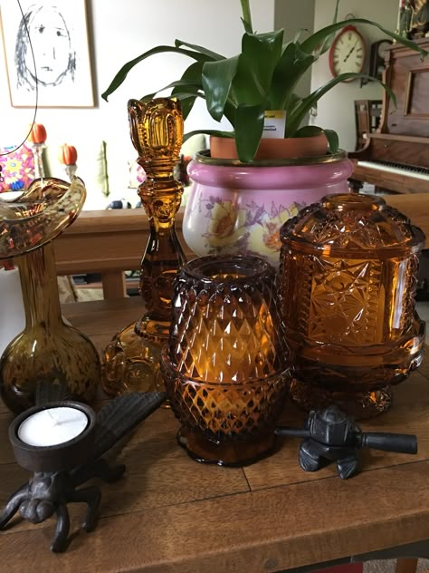 Amber Glass Aesthetic, Vintage Amber Glass Lamp, Antique Fairy Lamp, Vintage Fairy Lamps, Fairy Lamps Vintage, Amber Glass Decor, Amber Lamps, My House Aesthetic, Amber Decor