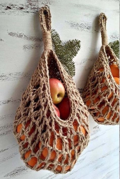 Crochet Hanging Fruit Baskets Ideas Hanging Fruit Baskets, Crochet Hanging, Crocheted Bags, Crochet Storage, Crochet Fruit, Large Basket, Small Basket, Crochet Basket Pattern, Crochet Diy