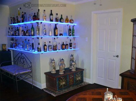 LED Lighted Floating Corner Bar Shelves Corner Bar Shelves, Floating Coffee Bar, Lighted Bar Shelves, Bar Shelves Ideas, Corner Bar Furniture, Corner Bar Ideas, Floating Bar Shelves, Shelf Coffee Bar, Home Bar Ideas