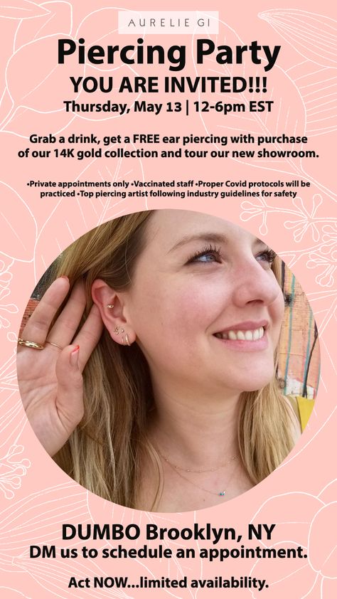 Image with photo and text Top Piercing, Piercing Artist, Piercing Party, Exclusive Event, Event Poster, Gold Collection, Trendy Jewelry, Party Event, You Are Invited