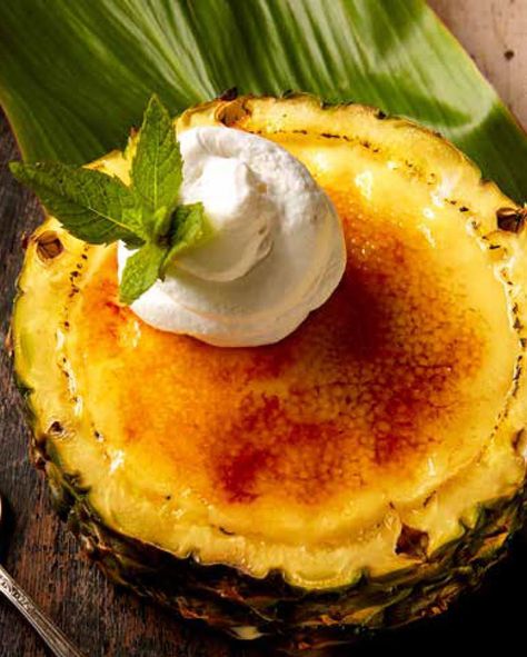 Tommy Bahama Restaurants on Instagram: “Here is the “water bath” alternate recipe for our Pineapple Crème Brûlée. But remember, it’s really just 3 parts: Vanilla Custard,…” Pineapple Creme Brulee, Bahama Recipes, Hawaii Recipes, Hawaii Food, Vanilla Custard, Custard, Tommy Bahama, Camembert Cheese, Pineapple