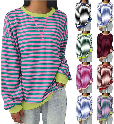 Womens Oversized Sweatshirt Long Sleeve Striped Sweatshirts Loose Fit Pullover Top Fashion Y2k Clothes Fall Outfits Dressy Tops For Wedding, Womens Half Zip Pullover, Womens Quarter Zip Pullover, Night Shirts For Women, Womens Oversized Sweatshirts, Clothes Fall, Striped Sweatshirt, Womens Flannel Shirt, Workout Tops For Women