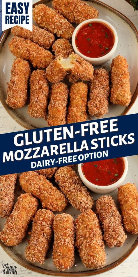 Gluten Free Cheese Sticks, Fried Mozzarella Cheese, Gluten Free Mozzarella Sticks, Mozzarella Sticks Recipe, Fried Mozzarella, Cheese Pull, Mozzarella Cheese Sticks, Gf Food, Gluten Free Bread Crumbs