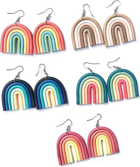 Amazon.com: 4 Pairs Handmade Rainbow Ceramic Clay Dangle Earrings Set Bohemian Colorful Candy Macaron Color Drop Earrings for Women Girls Jewelry (C): Clothing, Shoes & Jewelry Clay Dangle Earrings, Spring Summer Decor, Ceramic Earring, Rainbow Earrings, Colorful Candy, Styl Boho, Rainbow Design, Cross Border, Boho Stil