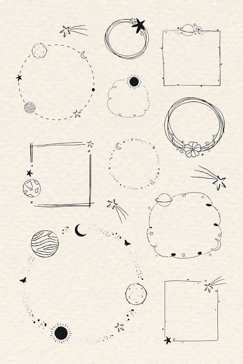 Minimal line art galaxy frame set vector | free image by rawpixel.com / marinemynt Astronomy Doodles, Bullet Journal Lines, Minimal Line Art, Bond Paper Design, Doodle Frame, Doodle Frames, Drawing Frames, Bullet Journal Aesthetic, Bullet Journal Design Ideas